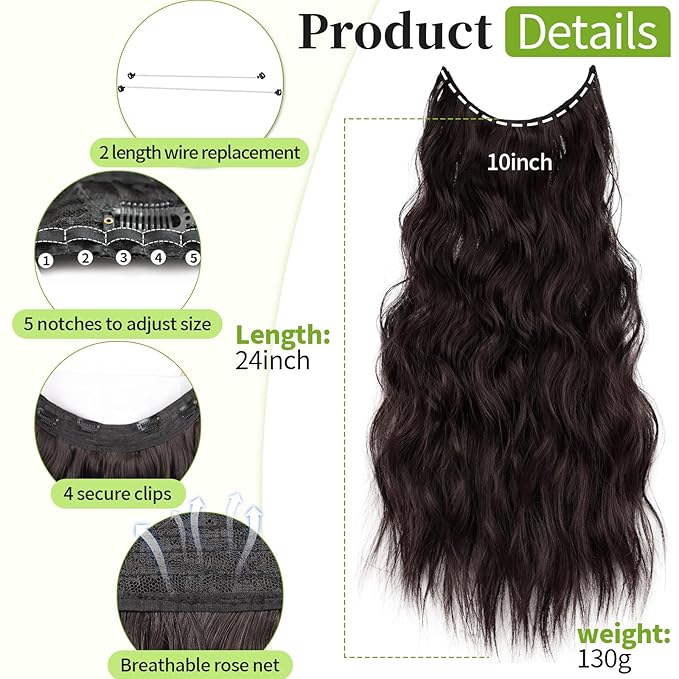 KooKaStyle Invisible Wire Hair Extensions with Transparent Headband Adjustable Size 4 Secure Clips Long Wavy Secret Wire Hairpiece 24 Inch Reddish Chocolate Brown for Women