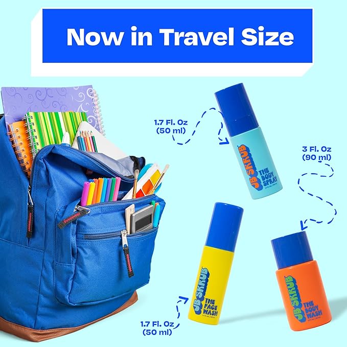 JB SKRUB The Junior Travel Trio - Complete Skin Care Set for Kids, Tweens & Teens: Hydrating Body Wash, Refreshing Body Spray, & Gentle Face Wash