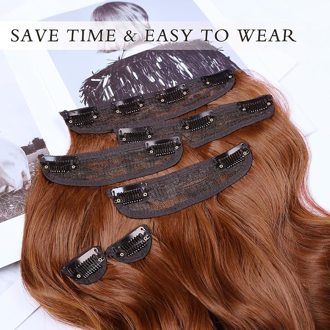 NAYOO Clip in Hair Extensions for Women 14 Inch Short Wavy Curly Auburn Hairpieces Full Head Synthetic Hair Hairpieces(6PCS,Auburn)