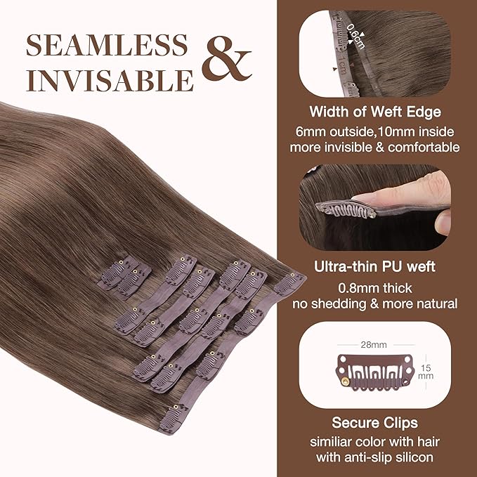 GOO GOO Clip in Hair Extensions Real Human Hair, Remy Human Hair Extensions Clip ins for Women, Natural Human Hair, 24inch 160g 7Pcs, 5 Light Ash Brown