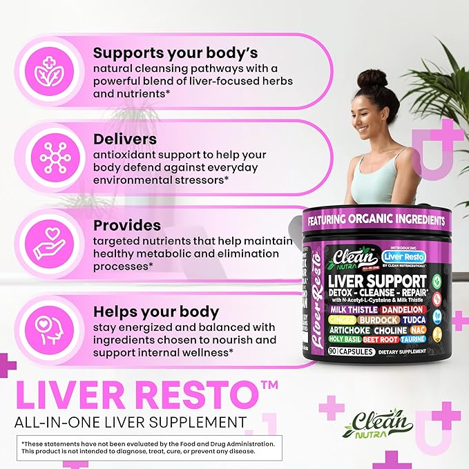 Clean Nutraceuticals Liver Cleanse Detox & Repair | Milk Thistle Supplement + NAC, TUDCA, Dandelion Root, Artichoke, Choline, Ginger, Beet Root, Burdock, Taurine, Liver Support 90 Capsules