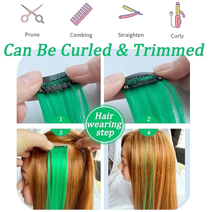 Rhyme 9PCS Green Hairpieces 21inch Colored Hair Extensions Clip in/on for Girls and Women Party Highlight Christmas Wig Pieces Hair Accessories (Green)