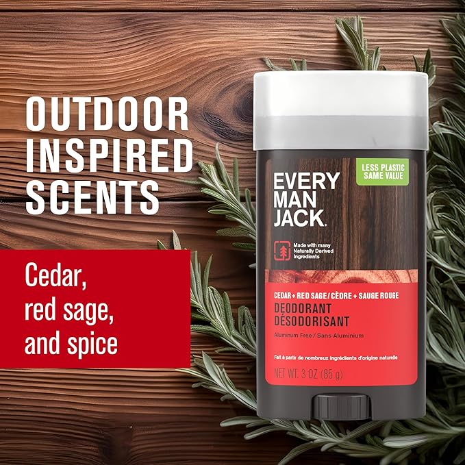 Every Man Jack Cedar & Red Sage Men’s Deodorant - Stay Fresh with Aluminum Free Deodorant For all Skin Types - Odor Crushing, Long Lasting, with Naturally Derived Ingredients - 3 oz - 4 Pack