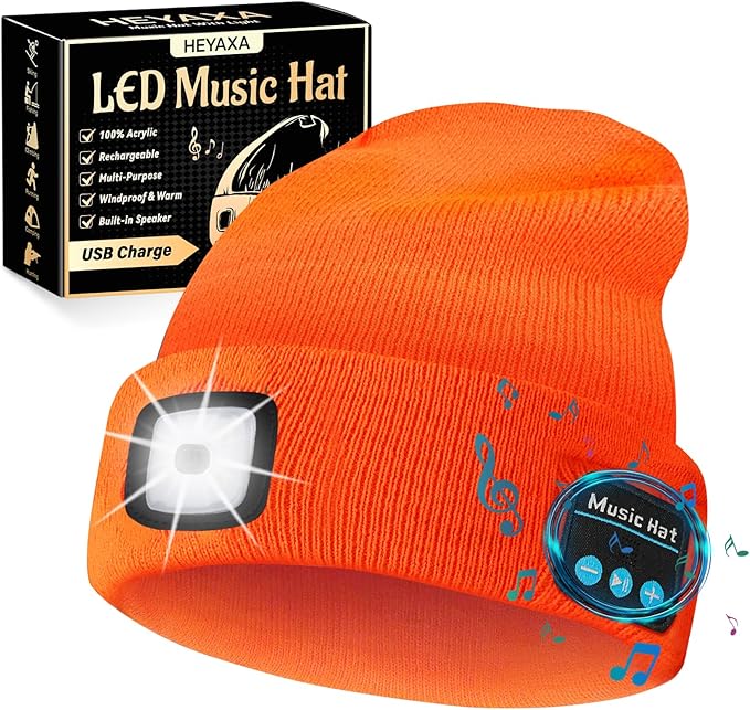 Bluetooth Beanie Hat, USB Rechargeable 4 LED Wireless Music Running Headlamp Cap, Gifts for Christmas, Stocking Stuffer & White Elephant Gifts for Men, Women, Him, Her