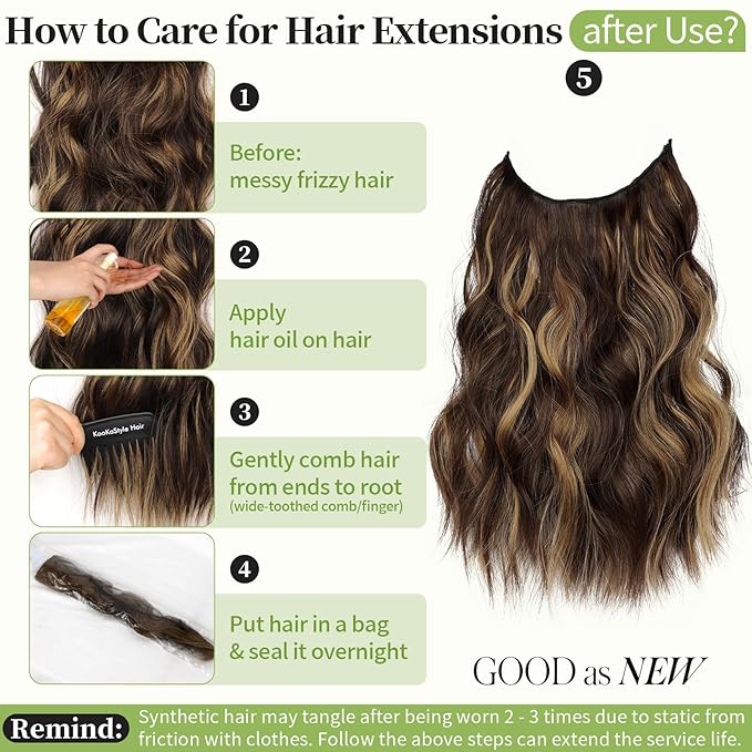 KooKaStyle Invisible Wire Hair Extensions with Transparent Headband Adjustable Size 4 Secure Clips Long Wavy Secret Wire Hairpiece for Women(16 Inch Chestnut Brown with Blonde Highlights)