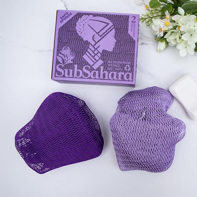 SubSahara Authentic African Net Sponge - 2 Pieces Exfoliating Scrubber for All Skin Types, Bath Sponge for Face & Body, Travel Portable, Durable, Gentle Exfoliation (Deep Purple & Iavender Purple)