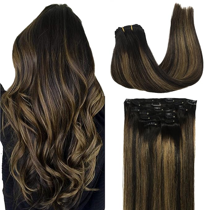 GOO GOO Clip in Hair Extensions Real Human Hair, Remy Human Hair Extensions Clip ins for Women, Natural Human Hair, 22inch 120g 7Pcs, 1B/6/1B Balayage Natural Black to Chestnut Brown