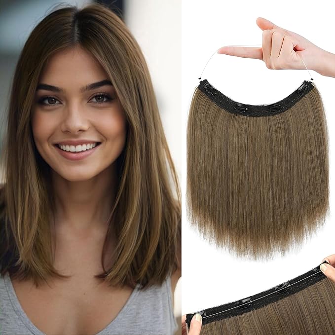 REECHO 12" Invisible Wire Hair Extensions with Thinner Softer Lace Weft Adjustable Size Removable Secure Clips in Short Straight Secret Hairpiece for Women (Ash Brown)