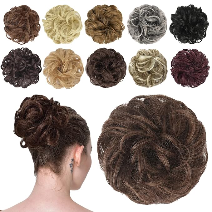 FESHFEN Messy Bun Hair Piece - Elastic Wavy Curly Hair Bun Scrunchies Extensions Synthetic Chignon Hairpieces for Women Girls, Brunette Brown 1.5 oz