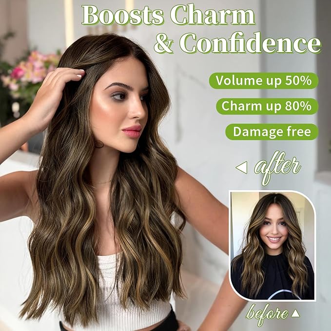 KooKaStyle Invisible Wire Hair Extensions with Transparent Headband Adjustable Size 4 Secure Clips Long Wavy Highlight Synthetic Hairpieces 20 Inch Balayage Chocolate Brown to Caramel Blonde for Women
