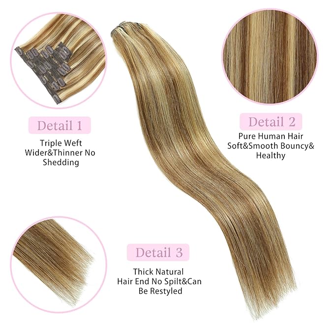 Clip in Hair Extensions Real Human Hair Chestnut Brown to Golden Blonde 16 inch 7pcs 70g/Pack, Human Hair Clip in Extensions, Salon-Grade Quality, Easy Comfort Wear for Women (#P6/22, 16 inch)