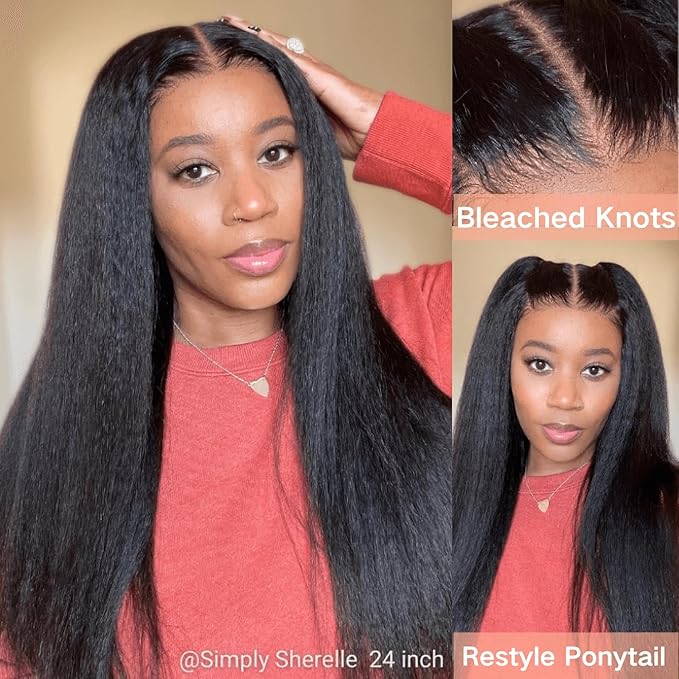 Julia Hair Bye Bye Knots Glueless Wig Yaki Human Hair Lace Wig Invisible Knots Put On and Go Pre Cut 7x5 Lace Front Wigs for Beginners Pre Bleached Pre Plucked No Glue150% Density 20 Inch