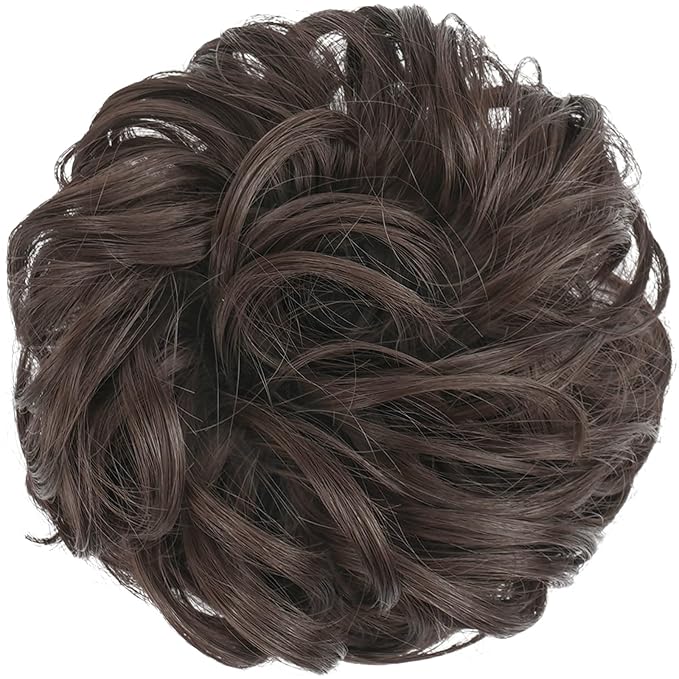 FESHFEN Messy Bun Hair Piece - Elastic Wavy Curly Hair Bun Scrunchies Extensions Synthetic Chignon Hairpieces for Women Girls, Dark Brown 1.5 oz