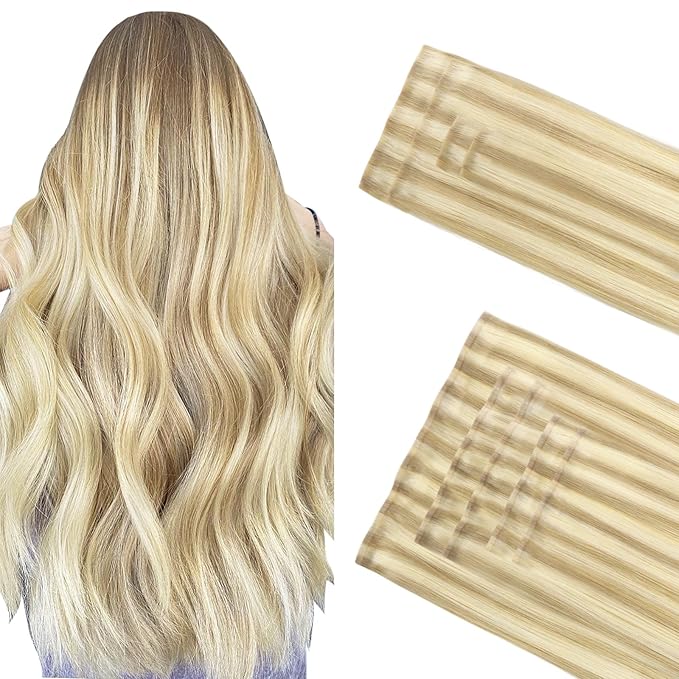GOO GOO Invisi Edge Clip in Hair Extensions Set, 14inch 130g, 4pcs Injected Seamless PU Clip ins and 5pcs Classical PU Clip ins, Virgin Real Human Hair, #P18A/613A