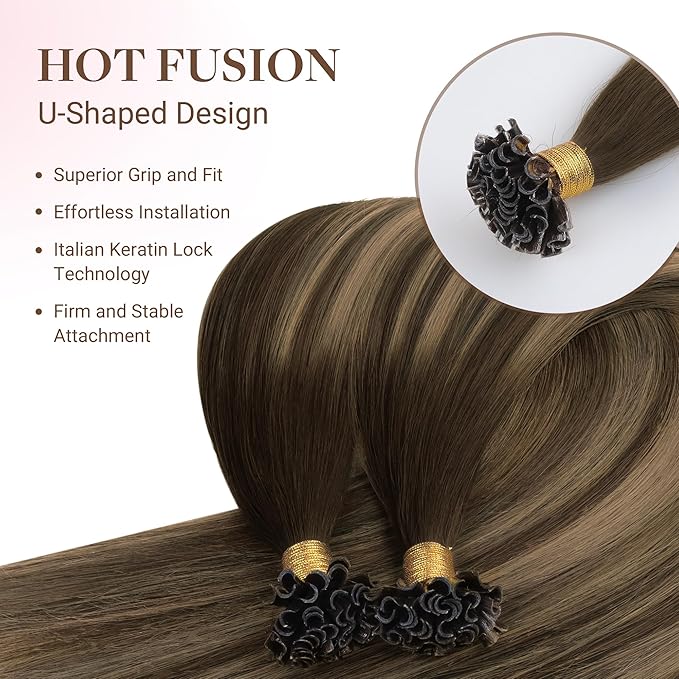 GOO GOO U Tip Hair Extensions Real Human Hair, Double Volume 100g 100S, 24 Inch Hot Fusion U Tip Extensions, Invisible Remy Hair, 4/27/4 Balayage Chocolate Brown to Caramel Blonde