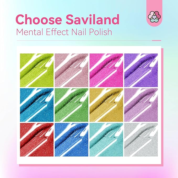 SAVILAND Metallic Nail Polish with Base and Top Coat: Chrome Nail Polish Set 12+2 Colors Mirror Glitter Holographic Silver Pink Quick-Dry Nail Polish for Fingernail French Manicure Art DIY Gift