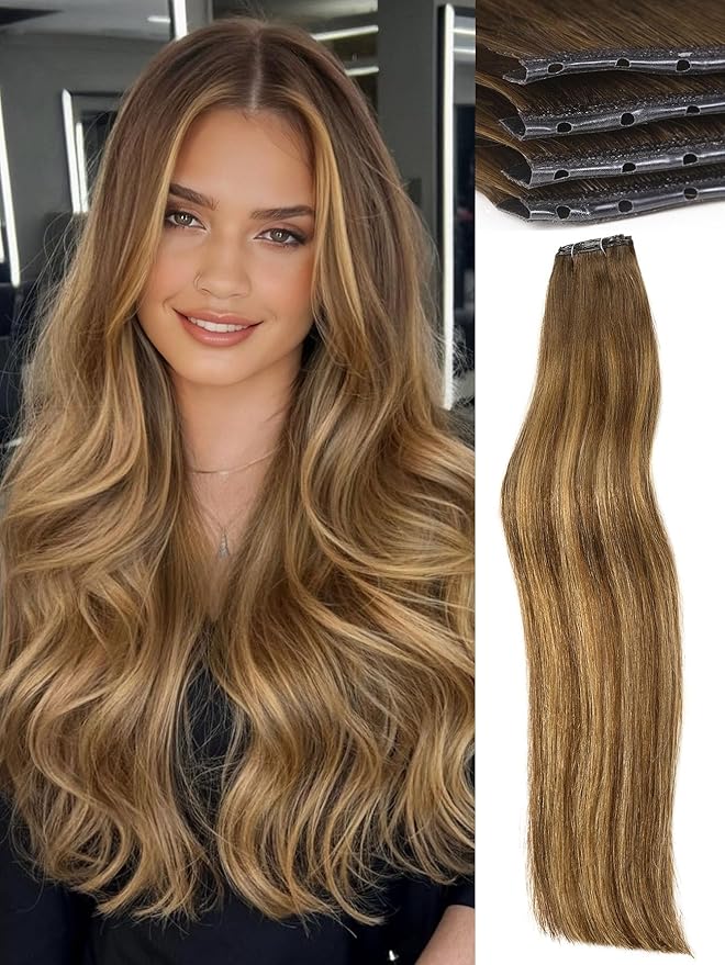 WIGNEE Butterfly Invisible Weft Hair Extensions Human Hair 18 Inch Micro Beads 100% Real Remy Human Hair Extensions T4/27 Highlight Honey Blonde Hair Extensions Real Human Hair for Strong Volume