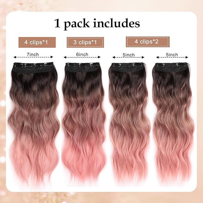 20 Inch Clip in Hair Extensions Long Wavy Synthetic Hair Extensions Thick Pink Hair Extension Clip ins Double Weft Hair Extension for Women (20INCH, PINK)