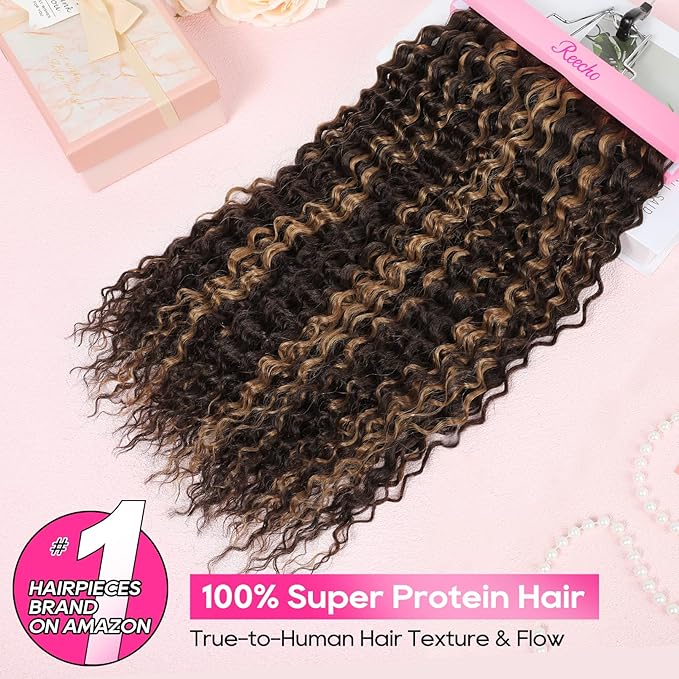 REECHO Hair Extensions - 4PCS 20" Water Wave Clip in Hair Extensions 100% Super Protein Silky Soft Natural Look with Invisible Lace Weft Hairpieces for Women - Chocolate Brown with Golden Highlights