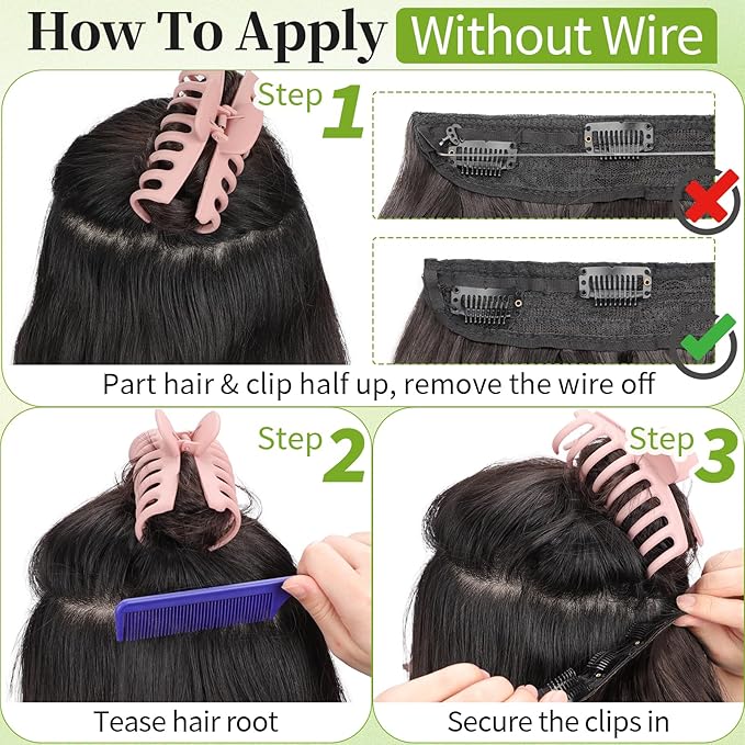 KooKaStyle Invisible Wire Hair Extensions with Transparent Wire Headband Adjustable Size 4 Secure Clips Long Wavy Synthetic Hairpiece 16 Inch COCOA# for Women