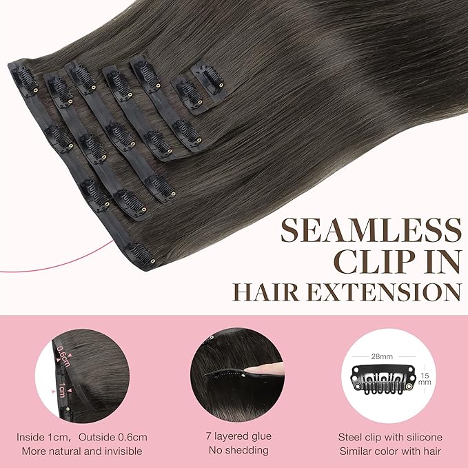 GOO GOO Clip in Hair Extensions Real Human Hair, Remy Human Hair Extensions Clip ins for Women, Natural Human Hair, 16inch 110g 7Pcs, 1C Mocha Brown