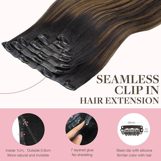 GOO GOO Clip in Hair Extensions Real Human Hair, Remy Human Hair Extensions Clip ins for Women, Natural Human Hair, 18inch 110g 7Pcs, 1B/6/1B Balayage Natural Black to Chestnut Brown