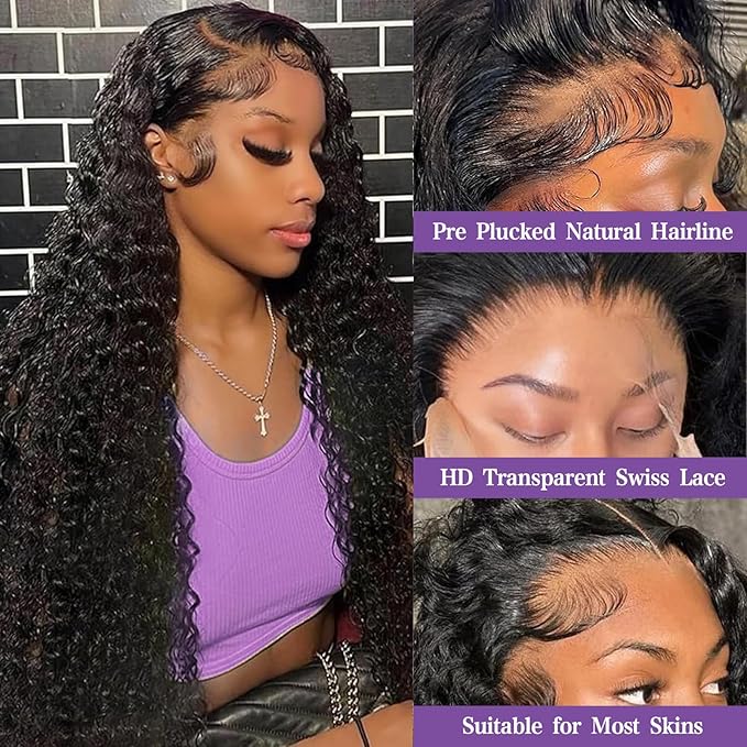 13x6 HD Deep Wave Lace Front Wigs Human Hair Glueless Wigs Human Hair Deep Wave Wig 28 Inch Lace Frontal Wig Deep Wave Wigs for Women Pre Plucked Curly Wigs With Baby Hair