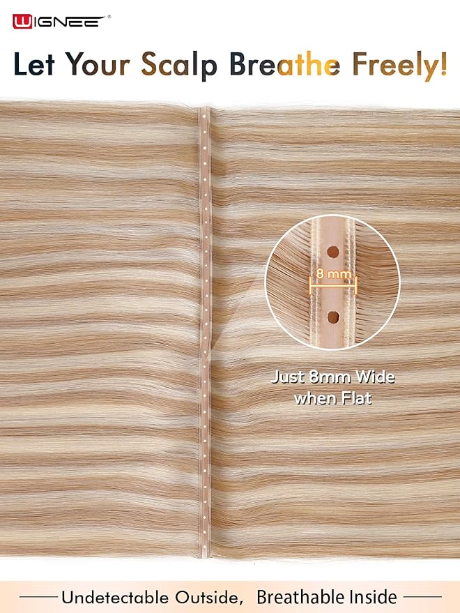 WIGNEE OVO Double Butterfly Strawberry Highlight Blonde Weft Human Hair Extensions 20 Inch Real Remy Hair,100g Glueless Micro Bead Double Weft,Seamless Soft Silky Hair Extensions (18/60A)