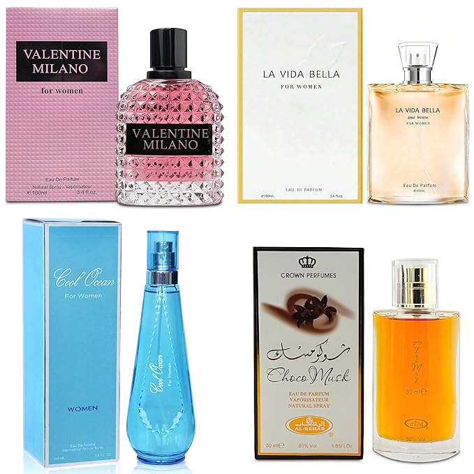 Top Sales 4 Piece Women Perfume Set Choco Musk/Valentine Milano/La Vida Bella/Cool Ocean Eau de Parfum, Women's Fragrance Sets with Luxury Gift Box for Daily Use