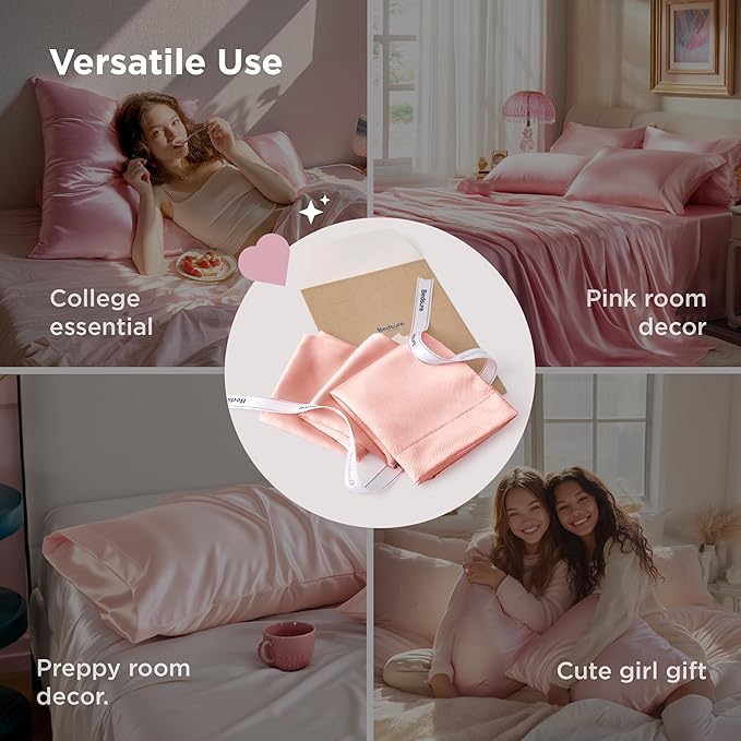 Bedsure Satin Pillowcase for Hair and Skin Queen - Peach Pink Silky Pillowcase 2 Pack with Envelope Closure, Similar to Silk Pillow Cases, Gifts for Women Men, 20x30 Inches, 2pcs