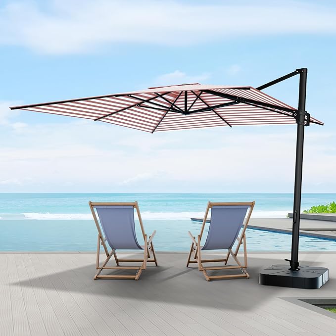 Midtown Umbrellas 9 x 9 Ft Outdoor Cantilever Patio Umbrella w/Terylast Red Stripes Fabric - Rotate 360° Offset Patio Umbrella, Deck Patio Umbrella, Backyard Umbrella & Garden Umbrella - Black Frame