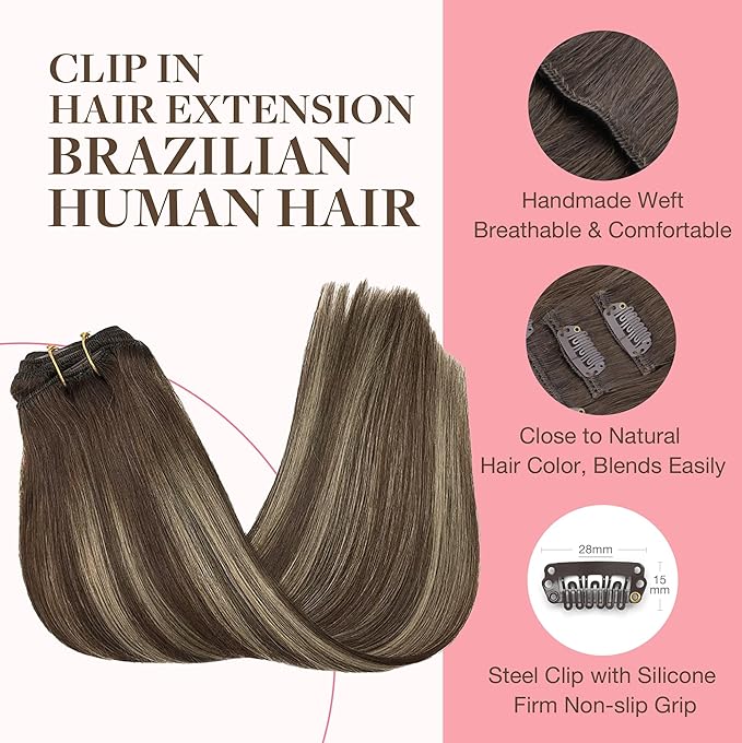 GOO GOO Clip in Hair Extensions Real Human Hair, Remy Human Hair Extensions Clip ins for Women, Natural Human Hair, 22inch 120g 7Pcs, 4/26/4 Balayage Chocolate Brown to Honey Blonde