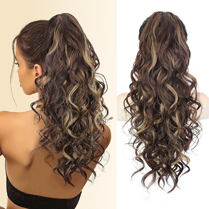 QGZ 20" Wavy Ponytail Extension, Claw Clip Ponytail Hair Extension, Natural Synthetic Hairpiece for Women Daily Use(Dark Brown with Highlights)