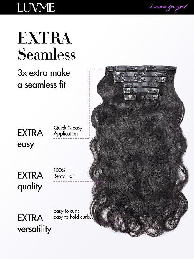 LUVME Body Wave Seamless 2 Pack 220g 14Pcs Clip in Hair Extensions Full Max with 18inch Remy Human Hair Extensions, Natural Black 100% Real Soft Hair