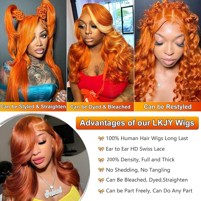 38 Inch Ginger Orange 13x6 Body Wave Lace Front Wigs Human Hair 200% Density Glueless HD Transparent Lace Frontal Wigs Human Hair Pre Plucked With Baby Hair Ginger For Women