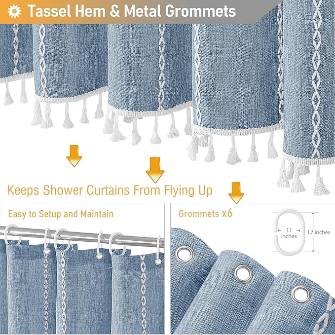 BTTN Boho Shower Stall Curtain - 36x72 Narrow Linen Ultra Thick Striped Tassel Fabric Shower Curtain Set with 6 Hooks, Half Modern Farmhouse Cottage Weighted Cloth Shower Curtains for Bathroom - Blue