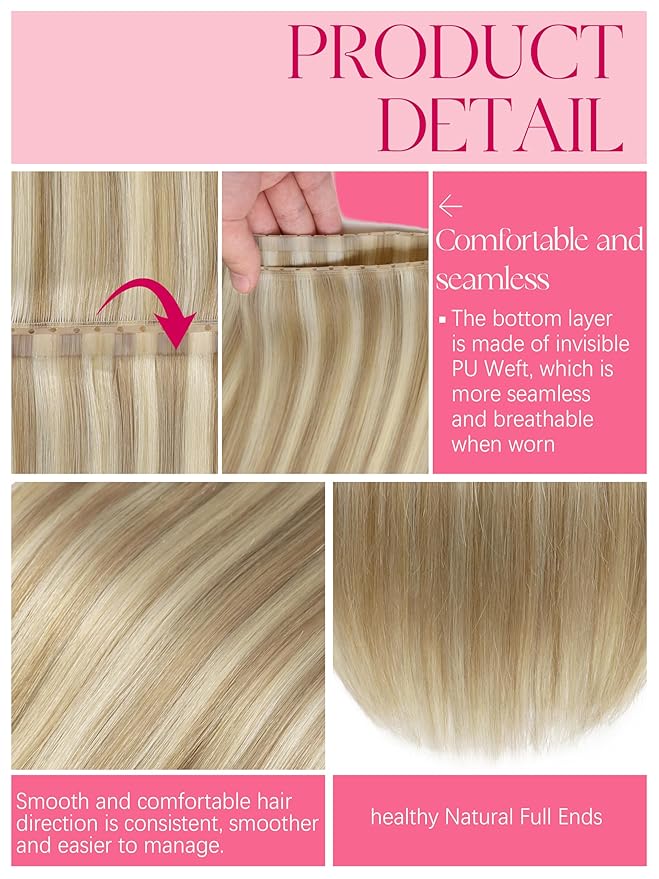 Lacer Double Hand Tied OVO Weft Hair Extensions Human Hair 20 Inches Butterfly Hair Extensions Light Brown With Platinum Blonde Sew In Extensions Glueless Tape Width 31.5" 100G