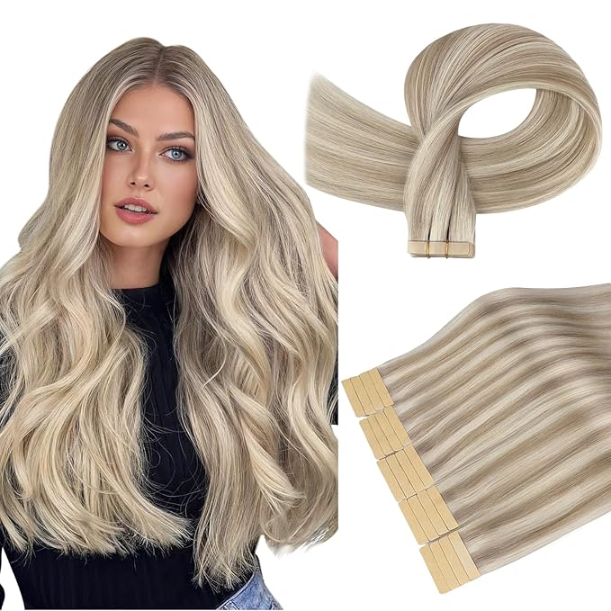 DOORES Tape in Hair Extensions Real Human Hair, Soft Honey Blonde Highlight Platinum Blonde 18 Inch 50g 20pcs, Natural Human Straight Extensions Tape in Straight