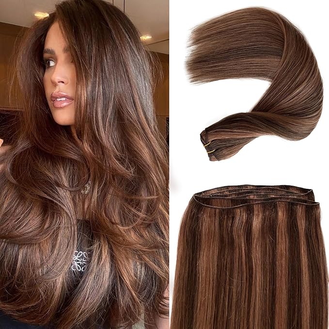 Weft Hair Extensions Human Hair Sew in Brown to Auburn Highlight Real Human Hair Wefts Straight 16 Inch 100G Medium Brown Highlighted Auburn Hair Extensions Sew in Hair Bundles for Full Head