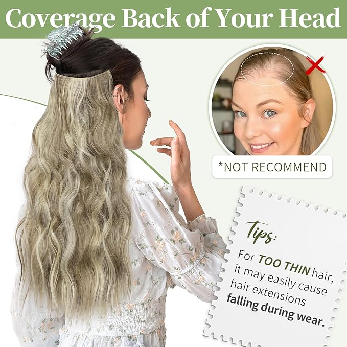 KooKaStyle Invisible Wire Hair Extensions with Transparent Headband Adjustable Size 4 Secure Clips Long Wavy Secret Wire Synthetic Hairpiece 20 Inch for Women(10H24#Dirty Blonde Mixed Bleach Blonde)