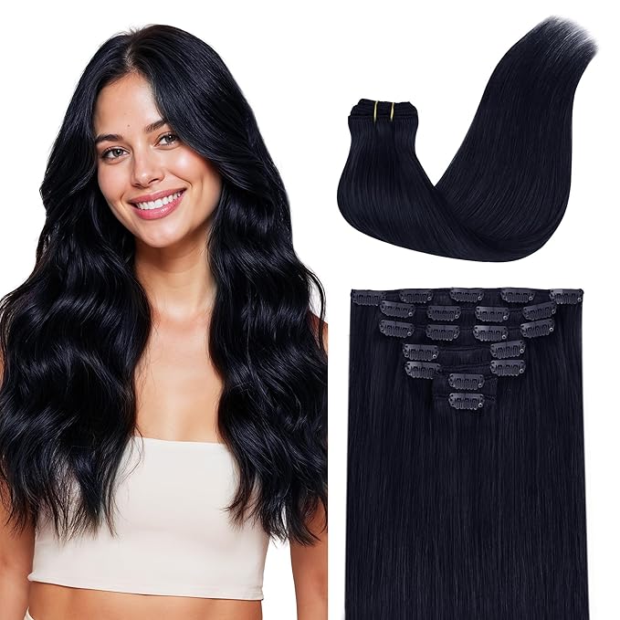 GOO GOO Clip in Hair Extensions Real Human Hair, Remy Human Hair Extensions Clip ins for Women, Natural Human Hair, 18inch 120g 7 Pcs, #1G Blue Black