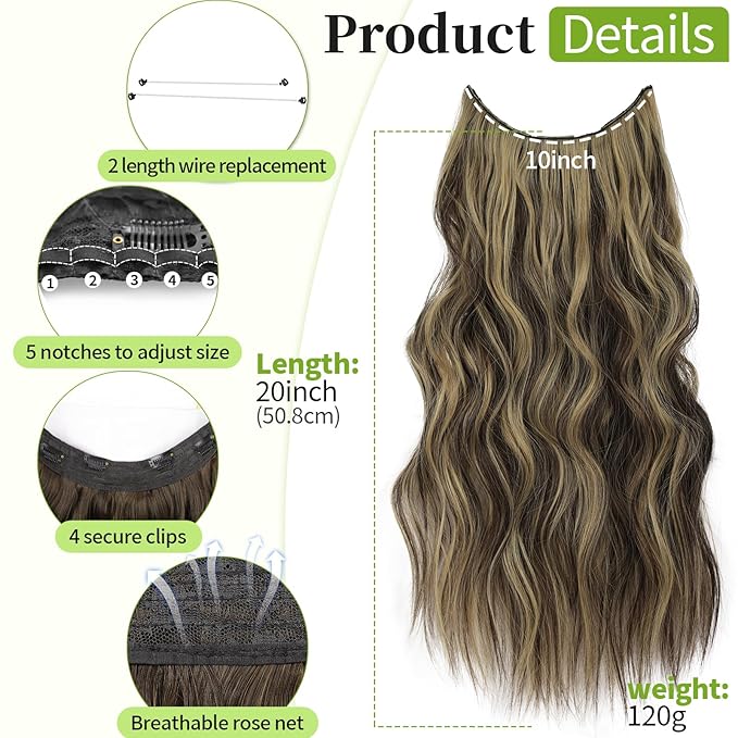 KooKaStyle Invisible Wire Hair Extensions with Transparent Headband Adjustable Size 4 Secure Clips Long Wavy Secret Wire Hairpiece 20 Inch Light Brown mix Ash Blonde P10/15A for Women
