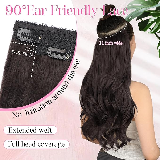 Invisible Wire Hair Extensions with Transparent Wire Adjustable Size 4 Secure Clips Long Wavy Secret Hairpiece 16 Inch for Women(Dark Brown)