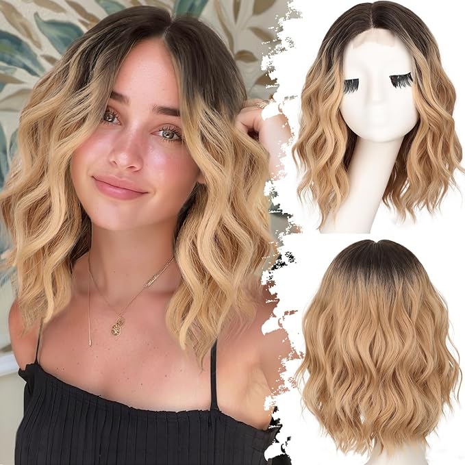 Ombre Honey Blonde with Dark Roots Short Wavy Wig for Women Lace Hairline Bob Style Synthetic Heat Resistant - Natural Appearance for Everyday Hairstyle 14 Inch
