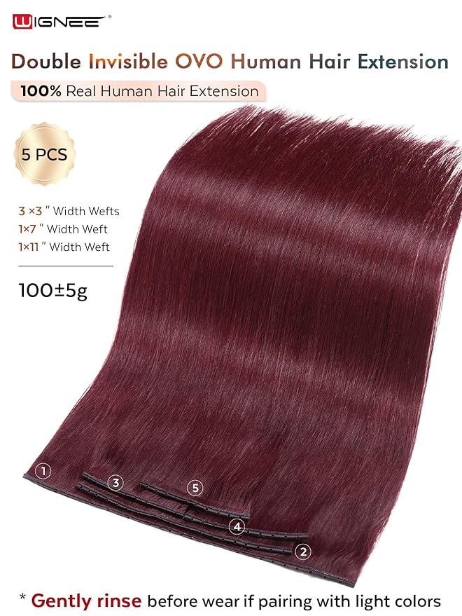 WIGNEE OVO Red Hair Extensions 20 Inch,100g,5PCS,Real Human Remy Hair, Double Hand-Tied Weft,Glueless Micro Bead Install, Add Volume for Thin Hair,Seamless Human Hair Extensions for White Women (BUG)