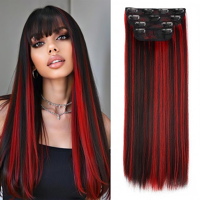 Vigorous Clip in Hair Extensions Straight 4Pcs Black Mix Red Highlights Hair Extension 22 Inch Soft Full Head Weddings Party Daily Use for Women