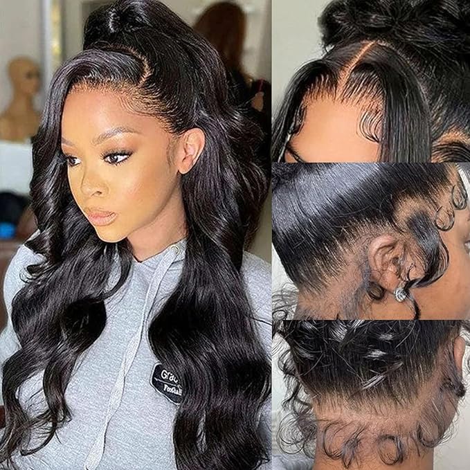 360 Lace Front Wigs Human Hair 220% Density Hidden Straps Body Wave HD Lace Front Wigs with Drawstring 360 Full Lace Wigs Brazilian Virgin Human Hair Wig for Women Natural Black 24Inch