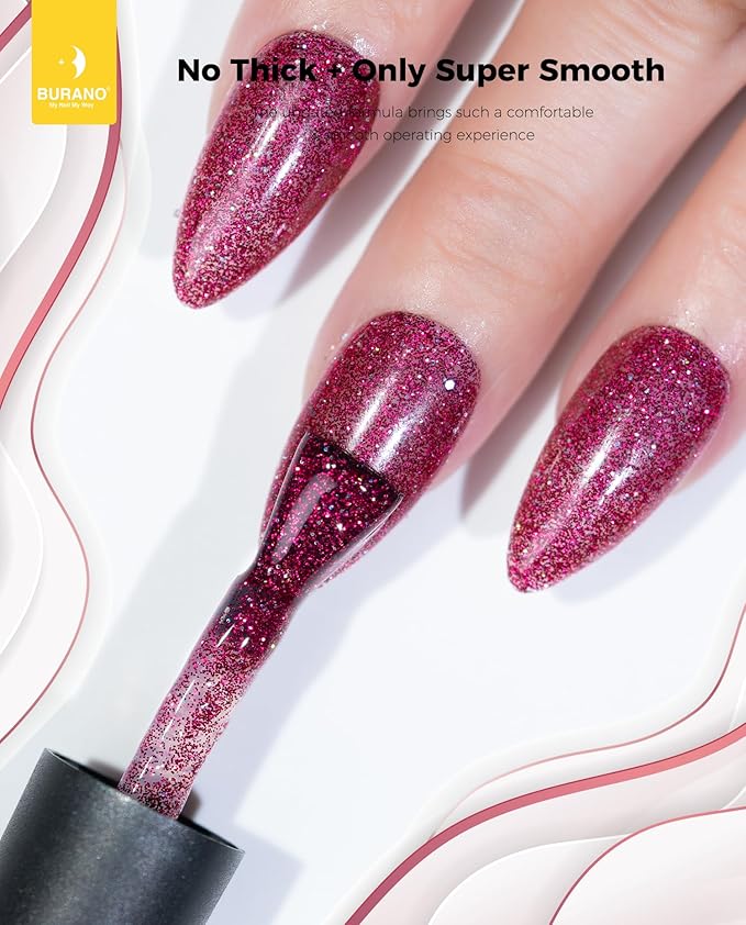 BURANO Glitter Nail Polish, LED UV Shimmer Holographic Effect Soak Off, No Chip Sparkle Gel for Home DIY Nail Salon (Rose LP50)