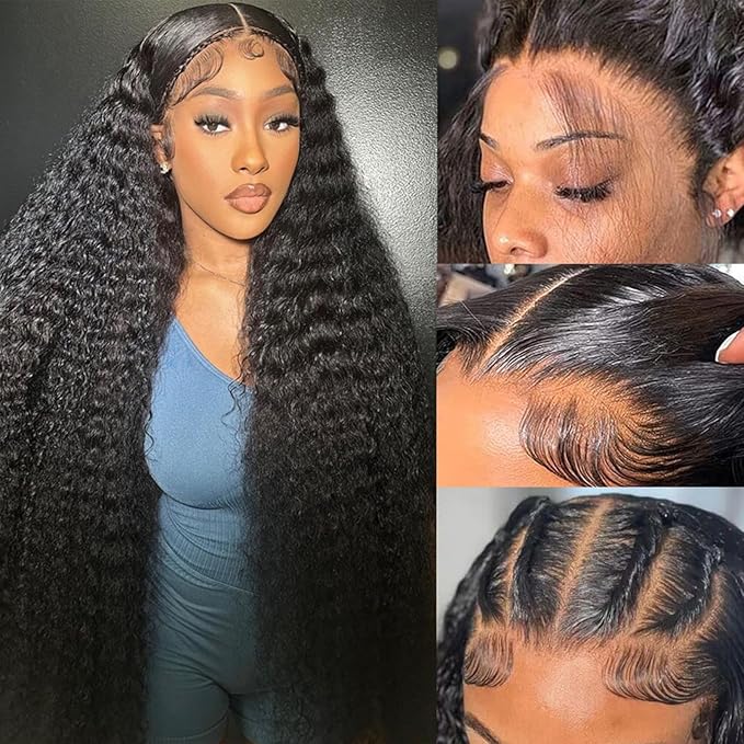 13x6 Deep Wave Lace Front Wig Human Hair Glueless 200% Density HD Transparent Pre Plucked Bleached Knots Curly 22 Inch