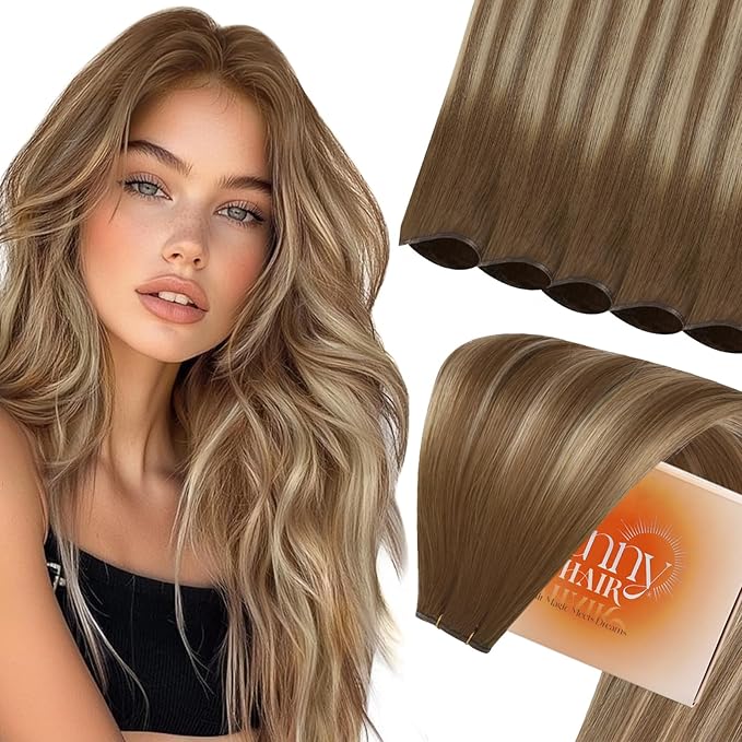 Sunny Hair Genius Weft Sew in Hair Extensions Balayage Genius Weft Hair Extensions Human Hair Chestnut Brown Roots to Platinum Blonde Mix Brown Genius Weft Human Hair Extensions Lightweight 14inch